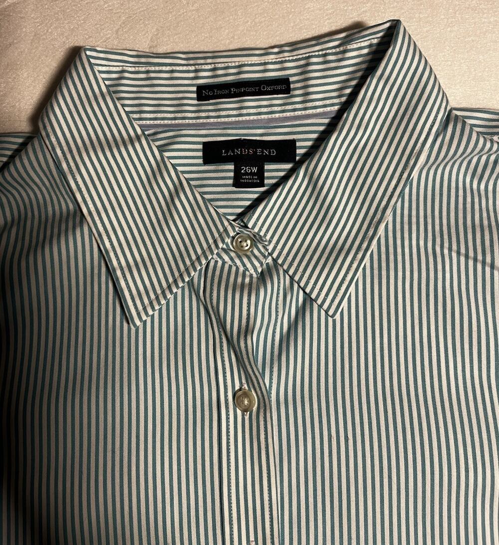 Lands’ End Women’s 26W Plus No Iron Pinpoint Oxford Shirt Green White Stripe